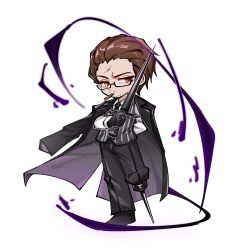  1boy absurdres arm_behind_back beard_stubble black_gloves black_jacket black_necktie brown_hair cigar collared_shirt commentary english_commentary facial_hair full_body glasses gloves gregor_(project_moon) hair_slicked_back highres holding holding_polearm holding_weapon jacket jacket_on_shoulders lance limbus_company limgumon looking_at_viewer male_focus narrowed_eyes necktie night_awls_(identity)_(project_moon) official_alternate_costume orange_eyes peg_leg polearm project_moon scar scar_on_face shirt short_hair solo standing striped_clothes striped_vest stubble vest weapon white_shirt 