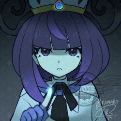  1girl black_dress bob_cut closed_mouth coat dress english_commentary gloves gwynn_(pokemon) hat index_finger_raised looking_at_viewer mixed-language_commentary open_clothes open_coat partially_fingerless_gloves pokemon pokemon_legends:_z-a purple_hair short_hair solo tsubamesu727 twitter_username upper_body violet_eyes white_coat 