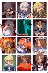  6+boys 6+girls absurdres black_hair blue_eyes bow chainsaw cosplay don_quixote_(project_moon) dress edward_scissorhands edward_scissorhands_(character) edward_scissorhands_(character)_(cosplay) faust_(project_moon) flower frankenstein gregor_(project_moon) hair_bow hand_eye hands_up head_wreath heathcliff_(project_moon) highres holding holding_screwdriver holding_wrench hong_lu_(project_moon) ishmael_(project_moon) jiangshi jigsaw_(character) jigsaw_(character)_(cosplay) kongtiao1111111 lab_coat limbus_company long_hair meursault_(project_moon) mr._vampire multiple_boys multiple_girls nosferatu open_mouth orange_hair orphan_(movie) outis_(project_moon) pan's_labyrinth project_moon red_eyes rodion_(project_moon) ryoshu_(project_moon) saw_(movie) screwdriver shirt sinclair_(project_moon) smile suspiria the_ring the_wicker_man train_to_busan very_long_hair victor_frankenstein victor_frankenstein_(cosplay) viy_(movie) white_bow white_dress white_flower white_hair white_shirt wrench yamamura_sadako yamamura_sadako_(cosplay) yi_sang_(project_moon) 