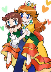  1boy 1girl absurdres blue_eyes blue_overalls brown_hair carrying crown dress earrings facial_hair flower_earrings gloves green_shirt heart highres jewelry long_hair luigi mustache open_mouth orange_dress orange_shoes overalls piggyback princess_daisy rakugaki_shitagari-ya shirt shoes simple_background smile super_mario_bros. white_background white_gloves 
