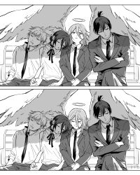  1girl 3boys angel angel_devil_(chainsaw_man) angel_wings black_jacket black_necktie black_suit business_suit chainsaw_man denji_(chainsaw_man) feathered_wings formal_clothes glowing glowing_halo halo hayakawa_aki highres jacket multiple_boys necktie reze_(chainsaw_man) suit suit_jacket topknot traditional_halo wings you_(gay322k) 