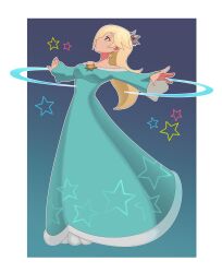  1girl absurdres blonde_hair blue_dress blue_eyes border brooch bu55top crown dress earrings full_body highres jewelry long_hair long_sleeves looking_up off-shoulder_dress off_shoulder open_mouth outside_border rosalina solo star_(symbol) star_brooch star_earrings super_mario_bros. super_mario_galaxy super_smash_bros. white_border 