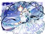  blue_eyes dress hair_flower happy_birthday hatsune_miku heart light_smile outstretched_arm petals ribbon rose sky sparkle twintails vocaloid 