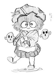  1other androgynous aodo_mikan apron bare_legs blush_stickers commentary_request frilled_apron frills full_body greyscale hair_between_eyes hakama hakama_short_skirt hakama_skirt haniwa_(statue) happy helmet holding holding_toy japanese_clothes katano_sukune kimono leg_up len&#039;en long_sleeves looking_at_viewer messy_hair monochrome open_mouth other_focus shadow short_hair short_kimono simple_background skirt slippers smile solo standing toy translation_request waist_apron white_background wide_sleeves 