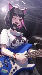  1girl absurdres alternate_breast_size_(larger) amplifier animal_ears bass_guitar black_choker black_hair black_mask blue_archive blush bracelet breasts cat_ears cat_girl choker colored_inner_animal_ears colored_inner_hair commentary_request fender_jazz_bass halo highres holding holding_bass_guitar holding_instrument instrument jewelry kazusa_(band)_(blue_archive) kazusa_(blue_archive) large_breasts looking_at_viewer mask mask_lift mouth_mask multicolored_hair multiple_bracelets music official_alternate_costume one_eye_closed open_mouth pink_hair pink_halo playing_instrument print_shirt red_eyes revision samgong shirt short_hair smile solo stage_lights two-tone_hair white_shirt 