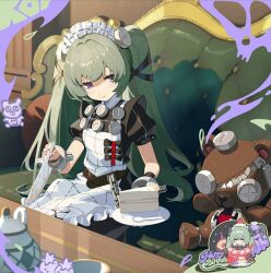 1girl cake cake_slice corin_wickes happy_birthday long_hair maid sitting twintails zenless_zone_zero
