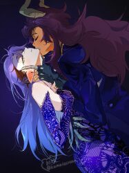  2girls amity_blight biting black_fur demon_girl dress eyebrow_cut head_back horns kuma20151225 lace-trimmed_dress lace_trim long_hair luz_noceda luz_noceda_(titan) multiple_girls pointy_ears purple_dress purple_hair suit the_owl_house very_long_hair yellow_eyes yuri 