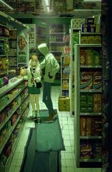  1boy 1girl baseball_cap black_gloves black_shoes blue_shorts bottle ceiling_light crossbody_bag fluorescent_lamp full_body gloves hat highres holding holding_wallet hood hood_up indoors isaac_foster jacket long_hair long_sleeves money outstretched_hand rachel_gardner rinrinririn187 rug satsuriku_no_tenshi shelf shirt shoes shorts socks soda_bottle striped_clothes striped_shirt tile_floor tiles wallet white_jacket white_socks 