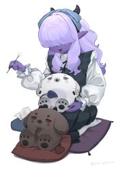  1girl absurdres black_dress black_horns blue_bow bow colored_skin commentary cushion dandelion demon_girl demon_tail dog dress flower frills hair_bow hair_over_eyes highres horns long_hair original pemiroro pointy_ears puffy_sleeves purple_hair purple_nails purple_skin seiza sharp_teeth simple_background sitting solo symbol-only_commentary tail teeth tissue_box upper_teeth_only white_background 