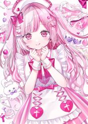  1girl :q @_@ apron blood blood_bag blue_streaks blush border bow cake cake_slice chibana_sora clenched_hands closed_mouth commentary cowboy_shot cross cross-laced_apron dress food frilled_apron frilled_shirt_collar frills fruit hair_bow hair_ornament hat heart heart-shaped_pupils heart_hair_ornament highres icing latin_cross licking_lips long_hair looking_at_viewer macaron multiple_hair_bows nurse nurse_cap original own_hands_together pastry_bag pink_bow pink_dress pink_eyes pink_hair pink_theme puffy_short_sleeves puffy_sleeves purple_bow short_sleeves signature smile solo strawberry striped_clothes striped_dress stuffed_animal stuffed_rabbit stuffed_toy symbol-shaped_pupils tongue tongue_out two_side_up vertical-striped_clothes vertical-striped_dress very_long_hair white_apron white_border white_wrist_cuffs wrist_cuffs x_hair_ornament 