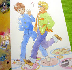  2boys agahari aoi_(kingyo_chuuihou!) arm_behind_back baby_animal bird blonde_hair blue-tinted_eyewear blue_jacket blue_pants brown_cat brown_eyes brown_hair brown_shoes buttons cat chick chicken closed_eyes commentary_request cow eighth_note fangs fish from_side gakuran green_jacket gyopi hand_in_pocket hand_up jacket kingyo_chuuihou! kitada_shuuichi looking_at_viewer male_focus multiple_boys musical_note open_clothes open_hand open_jacket open_mouth painting_(medium) pants photo_(medium) pig school_uniform shirt shoes short_hair smile standing sunglasses tinted_eyewear traditional_media walking waving white_shirt white_shoes 