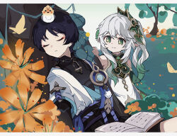  1boy 1girl against_tree animal_on_head armlet arms_at_sides belt bird bird_on_head black_belt black_bodysuit black_bow black_bridal_gauntlets black_hair black_shorts blue_kimono blue_sleeves blunt_ends bodysuit book bow bridal_gauntlets bush chinese_commentary closed_mouth colored_tips commentary covered_collarbone cross-shaped_pupils detached_sleeves dress eyelashes eyeliner eyeshadow facing_to_the_side finch flower genshin_impact gold_trim gradient_hair green_eyes green_hair green_sleeves hair_ornament highres japanese_clothes jewelry juban kimono layered_sleeves leaf leaf_hair_ornament long_hair long_wind looking_at_another makeup mandarin_collar multicolored_hair nahida_(genshin_impact) on_head open_book open_clothes open_kimono orange_flower outdoors parted_lips pointy_ears purple_rope purple_sash raised_eyebrows red_eyeliner red_eyeshadow rope sash scaramouche_(genshin_impact) short_sleeves shorts shoulder_peek side_ponytail sidelocks sleeping smile split_mouth symbol-shaped_pupils tareme tree wanderer_(genshin_impact) white_dress white_hair white_kimono white_mouth white_sleeves wispy_bangs yellow_pupils 