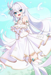  1girl :d aisu_(i_ce_pinon_pino) aqua_eyes arms_behind_back bare_shoulders blue_background blue_sky borrowed_character commission crossed_legs day detached_sleeves double-parted_bangs falling_feathers feather_hair_ornament feathers feet_out_of_frame flat_chest foliage gold_trim hair_intakes hair_ornament halterneck hand_on_own_arm happy highres long_hair long_skirt long_sleeves looking_at_viewer open_mouth original outdoors second-party_source shirt sidelocks skirt skirt_set sky smile solo sparkle standing thigh-highs very_long_hair watson_cross white_hair white_shirt white_skirt white_thighhighs wind zettai_ryouiki 
