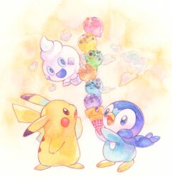 blue_eyes blue_sclera brown_eyes chaccalate colored_sclera commentary_request floating food heart holding holding_ice_cream_cone ice_cream ice_cream_cone looking_at_food multiple_scoops no_humans open_mouth pikachu piplup pokemon pokemon_(creature) pokemon_focus smile standing steam too_many too_many_scoops vanillite 
