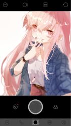  1girl blue_shirt closed_mouth commentary_request expressionless fake_screenshot fingernails gingham_shirt hata_no_kokoro long_hair long_sleeves looking_at_viewer one-hour_drawing_challenge open_clothes open_shirt pink_eyes pink_hair pink_skirt selfie shinjitsu_no_kuchi shirt simple_background skirt solo touhou undershirt upper_body v v_over_mouth very_long_hair white_background white_shirt 