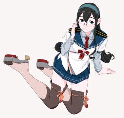  1girl black_hair blue_hair blue_sailor_collar blue_skirt boots brown_thighhighs closed_mouth clothing_cutout collared_shirt glasses hair_between_eyes hairband hip_vent kantai_collection long_hair long_sleeves looking_at_viewer miniskirt necktie ojipon ooyodo_(kancolle) pleated_skirt red_necktie rudder_footwear sailor_collar school_uniform shirt simple_background sitting skirt solo tassel thigh-highs 