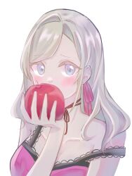  1girl apple bare_shoulders blue_eyes blush breasts camisole ceras_yanagida_lilienfeld collarbone food fruit grey_hair hair_ribbon highres holding holding_food holding_fruit large_breasts link!_like!_love_live! long_hair looking_at_viewer love_live! pink_camisole pink_ribbon ribbon romeo_to_cinderella_(vocaloid) simple_background solo strap_slip tikuwa_l virtual_youtuber white_background 
