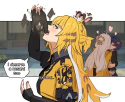  3girls animal_ears belle_(delicate_sunlight)_(zenless_zone_zero) belle_(zenless_zone_zero) bird blue_hair blush chinese_clothes fingerless_gloves gloves green_eyes hair_ornament heart highres ju_fufu kiss letter_hair_ornament long_hair multiple_girls official_alternate_costume orange_fur short_hair tiger_ears tiger_girl very_long_hair white_hair yixuan_(zenless_zone_zero) zanqi zenless_zone_zero 