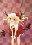  absurdres ascot bad_id blonde_hair blush fang flandre_scarlet highres laevatein open_mouth ponytail red_eyes ribbon short_hair side_ponytail smile solo tailtame the_embodiment_of_scarlet_devil touhou weapon wings 