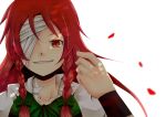  bandage bandage_over_one_eye bandages bow braid hair_bow hong_meiling huleito long_hair no_hat no_headwear one_eye_covered open_mouth red_eyes red_hair redhead smile solo touhou twin_braids wristband 