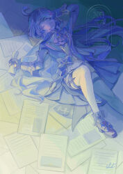  1girl absurdres ahoge ascot black_gloves blue_gemstone blue_hair blue_jacket bow buckle commentary_request covering_own_eyes crying furina_(genshin_impact) gem genshin_impact gloves hand_on_own_face highres jacket jewelry leggings long_hair lying multicolored_hair nekono0034 on_floor pleated_skirt skirt solo streaked_hair tears undershirt white_leggings wrist_cuffs 