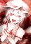  absurdres bad_id blood bust fangs finger_to_mouth hat highres licking light_smile na_s nazuka_(mikkamisaki) open_mouth red_eyes remilia_scarlet short_hair solo tongue touhou white_hair wrist_cuffs 