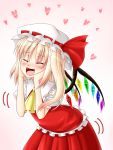 ascot blonde_hair blush closed_eyes dotera dotera-otoko eyes_closed fangs flandre_scarlet hands_on_face hands_on_own_face hat hat_ribbon heart ribbon side_ponytail smile solo touhou wings 