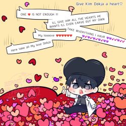  1boy @_@ black_hair black_shirt coat collared_shirt commentary double-parted_bangs english_commentary english_text full_body hair_between_eyes heart heart-shaped_hat highres kim_dokja kimidori_22 male_focus motion_lines omniscient_reader's_viewpoint open_clothes open_coat running shirt short_hair solo too_many too_many_hearts white_coat 