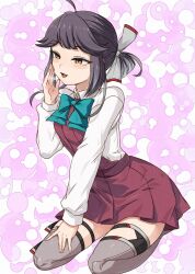  1girl ahoge aqua_bow aqua_bowtie blue_bow blue_bowtie bow bowtie clover_background commentary_request dress grey_hair grey_thighhighs hair_over_eyes hair_ribbon hayanami_(kancolle) highres kanmiya_shinobu kantai_collection long_hair long_sleeves open_mouth pink_background pleated_dress ponytail purple_dress purple_hair ribbon school_uniform seamed_legwear shirt short_hair side_ponytail sitting solo thigh-highs wariza white_ribbon white_shirt yellow_eyes 