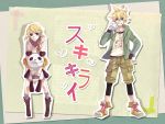  alternate_costume alternate_hairstyle blonde_hair blue_eyes boots brother_and_sister casual grin hair_ornament hairclip hand_on_hip hips kagamine_len kagamine_rin panda short_hair short_twintails siblings skirt smile stuffed_animal stuffed_toy twins twintails vocaloid yamako yamako_(artist) 