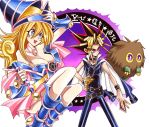  1girl atem bad_id bare_shoulders blonde_hair blue_eyes blush boots breasts cape choker cleavage dark_magician_girl detached_sleeves duel_monster hairy_balls hat jewelry kuriboh large_breasts long_hair millennium_puzzle monster multicolored_hair mutou_yuugi open_mouth pendant pentacle school_uniform skirt smile staff title_drop wand wink wizard_hat yami_yuugi yu-gi-oh! yuu-gi-ou yuu-gi-ou_duel_monsters 