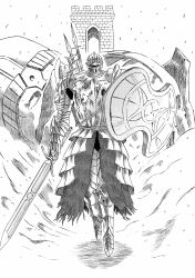  1boy 913kousatu absurdres armor armored_boots boots breastplate broken_statue commentary_request dark_souls_(series) dark_souls_ii floating full_armor full_body greyscale helm helmet highres holding holding_shield holding_sword holding_weapon knight looking_at_viewer male_focus monochrome polearm shield solo spear sword the_pursuer weapon 