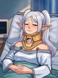  1girl absurdres bare_shoulders bed blush breasts closed_eyes closed_mouth collarbone commentary earrings elf english_commentary floating_earrings frieren grey_hair highres hospital hospital_bed hospital_gown injury jewelry long_hair meme neck_brace parted_bangs pointy_ears solo sousou_no_frieren tatjasng12 teardrop_earrings twintails upward_angle_frieren_drawing_(meme) white_hair 