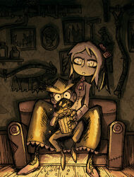  1boy 1girl ascot black_eyes bloodborne boots bottle bucket burial_blade cane chair commentary doll_joints eating english_commentary fingerless_gloves flower food frilled_skirt frills gloves glowing gun hand_on_another's_shoulder handgun hat highres hunter_(bloodborne) indoors joints long_skirt long_sleeves mask medium_hair mouth_mask on_chair open_mouth picture_frame plain_doll popcorn red_ascot red_shoes rifle saw saw_cleaver scythe setz shelf shirt shoes sidelocks sitting sitting_on_lap sitting_on_person size_difference skirt stitches tall_female tricorne watching_television weapon weapon_on_wall white_hair white_shirt wooden_floor 