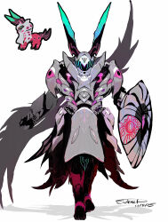  absurdres armor commentary_request dated highres horns knight mega_scolipede personification pokemon pokemon_(creature) reference_inset scolipede shadow shield signature sukepmonster 