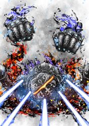  catherine5884 commentary final_fantasy final_fantasy_xiv fire glitch glowing glowing_eye highres incoming_attack laser_cannon monster_hunter_(series) monster_hunter_wilds no_mouth non-humanoid_robot omega_(final_fantasy) one-eyed robot rocket_punch yellow_eyes 