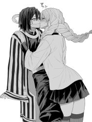  1boy 1girl 2ixkl18968 bandage_on_face bandages bandages_over_mouth belt blush commentary_request demon_slayer_uniform greyscale heart hetero highres iguro_obanai japanese_clothes kimetsu_no_yaiba kiss korean_commentary long_hair long_sleeves monochrome pants pleated_skirt skirt snake striped_clothes striped_thighhighs sweat thigh-highs translation_request 