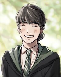 1girl anne_sallow closed_eyes female female_focus female_only happy harry_potter_(series) hogwarts_legacy hogwarts_school_uniform pixiv slytherin smile t_(artist) warner_bros