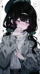  1girl averting_eyes beret black_hair blunt_bangs blush book_off cardigan closed_mouth commentary_request embarrassed green_cardigan green_hat grey_eyes grey_shirt hair_ornament hair_scrunchie hands_up hat highres kurobe_nanoka long_hair long_sleeves low_twintails mahou_shoujo_no_majo_saiban nose_blush official_alternate_costume official_alternate_hairstyle open_cardigan open_clothes scrunchie shirt simple_ice solo spoken_blush twintails white_background 