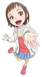  :d black_eyes blue_skirt brown_hair child future_kid_takara hair_ornament hand_up hood hoodie leggings long_sleeves looking_at_viewer official_art open_mouth pink_shoes pleated_skirt sara_(future_kid_takara) shoes short_bangs short_hair simple_background skirt smile standing standing_on_one_leg tongue white_background white_hoodie yellow_leggings 