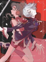  2girls aiguillette black_jacket commentary_request cosplay dress epaulettes falulu falulu_(awakened) flower forehead_jewel green_eyes green_hair grey_hair headphones highres himemiya_anthy himemiya_anthy_(cosplay) jacket long_hair long_sleeves looking_at_viewer multiple_girls parted_bangs poteto_(mochimochinc) pretty_series pripara profile purple_flower purple_rose red_background red_dress red_shorts red_socks rose shikyoin_hibiki shoes short_hair shorts shoujo_kakumei_utena socks standing standing_on_one_leg tenjou_utena tenjou_utena_(cosplay) twintails 