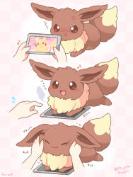  1other :3 anger_vein animal_focus brown_eyes brown_fur closed_mouth commentary_request eevee hands_on_another's_cheeks hands_on_another's_face heart highres holding holding_tablet_pc jealous mugita_konomi musical_note open_mouth pikachu pokemon pokemon_(creature) pokemon_focus pout smile tablet_pc 