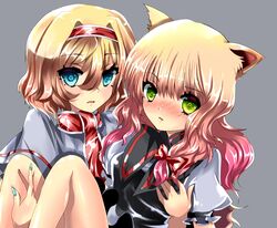  alice_margatroid animal_ears blue_eyes blush cat_ears green_eyes kemonomimi_mode kirisame_marisa kurekore multiple_girls nail_polish pixiv_thumbnail resized shiny shiny_clothes shiny_skin simple_background touhou 