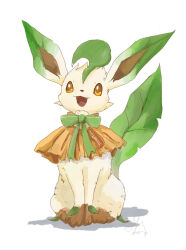  animal_focus bow brown_eyes brown_fur brown_sclera collar colored_sclera commentary_request full_body green_bow green_fur highres karu_wacame leaf leafeon looking_at_viewer no_humans open_mouth orange_collar pokemon pokemon_(creature) pokemon_focus simple_background sitting smile tail white_background 