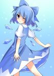  absurdres blue_eyes blue_hair bow cirno hair_bow highres looking_back sarekoube short_hair solo touhou wings wink 