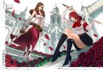  2girls armband armor bare_shoulders beatrix belt black_footwear black_skirt blouse boots breasts brown_hair castle cleavage closed_mouth crossed_legs crossover curly_hair eyepatch final_fantasy final_fantasy_ix flower full_body hair_over_one_eye high_heel_boots high_heels holding_sword holding_weapon kirijou_mitsuru knee_boots legs_crossed long_hair long_sleeves looking_down multiple_girls one_eye_covered pantyhose persona persona_3 petals rapier red_bow red_hair red_legwear red_neckwear red_rose redhead rose rose_petals save_the_queen shiitake_urimo shoes sitting skirt sleeveless standing sword trait_connection vambraces weapon 