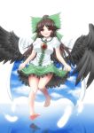  absurdres aonagi_ibane barefoot black_hair bow cape feet hair_bow highres long_hair red_eyes reiuji_utsuho soles solo third_eye toe_spread toes touhou wings 