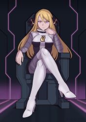  1girl absurdres blonde_hair boots chair corruption crossed_legs cynthia_(pokemon) dark_persona frown full_body hair_ornament high_heel_boots high_heels highres indoors looking_at_viewer pokemon pokemon_dppt sitting sitting_on_throne solo team_galactic team_galactic_uniform victoria_mikoto violet_eyes white_boots 