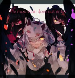  3girls animal_ears bird_mask black_hair black_skirt black_wings commentary_request detached_sleeves english_text engrish_text feathered_wings feathers hat hauchiwa himekaidou_hatate inubashiri_momiji letterboxed looking_at_viewer mask mask_on_head masked multiple_girls one-hour_drawing_challenge pointy_ears purple_hat ranguage red_eyes red_hat shameimaru_aya shinjitsu_no_kuchi shirt short_hair skirt sleeveless sleeveless_shirt tokin_hat touhou upper_body white_hair white_shirt white_sleeves wings wolf_ears wolf_girl wolf_mask yellow_eyes 