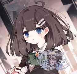  1girl absurdres ahoge blue_eyes bow bowtie brown_hair brown_jacket collared_shirt commentary_request frilled_sleeves frills green_bow green_bowtie hair_ornament hairclip hands_up highres hod_(project_moon) homura792 jacket lapels library_of_ruina looking_at_viewer medium_hair notched_lapels project_moon shirt solo sweat white_shirt 